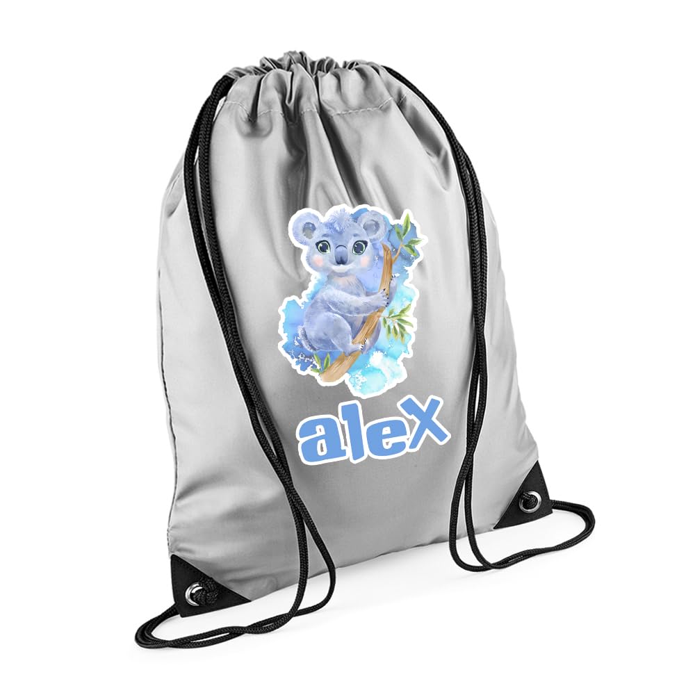 Getagift Personalized Cute Watercolour Koala Drawstring Bag for Kids, Back to School, Waterproof Sports Backpack, PE Kit Bag, Gym and Swimming Bag, Sport Rucksack. (Silver)