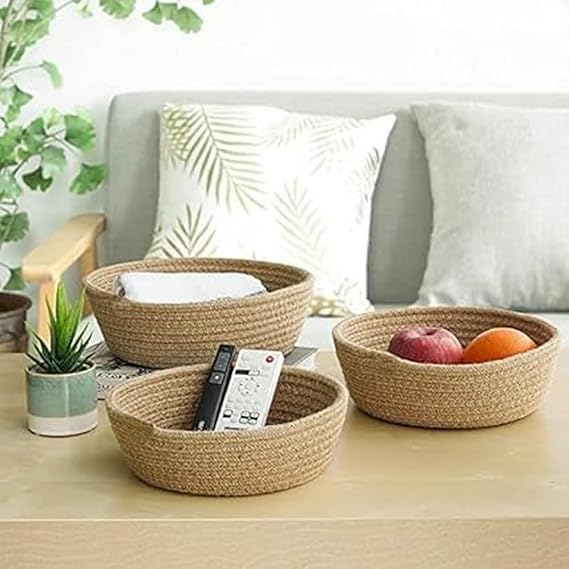Image of [Set of 3-9 inch,8 inch,7 inch inch, Round, Beige] Handwoven Soft Jute Cotton Basket | Naturally Reshapes After Filling | Ideal for Storage, Organization & Gift Hampers