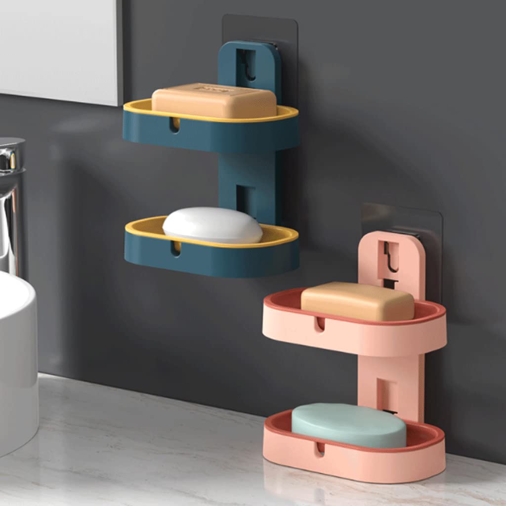 Jabonera, jabonera, de Pared con Drenaje automático, plástico diseño Doble Capa, Caja jabón Desmontable(Roze)