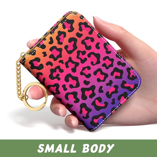 Image of Aiawoxc Credit Card Holder, Small RFID Wallet Slim Leather Card Organizer Case with Zipper and Keychain, Colorful Leopard Print