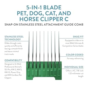 WAHL Professional Animal Stainless Steel Attachment Guide Comb for Wahl’s 5-in-1 Detachable Blade Pet, Dog, Cat, and Horse Clippers C, 7/8-Inch Cut Length (3338)