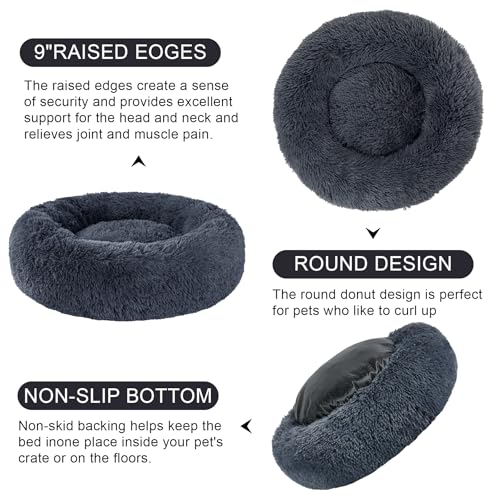 Dog Calming Beds for Small Medium Large Dogs - Round Donut Washable Puppy Dog Bed, Anti-Slip Faux Fur Fluffy Donut Cuddle Anxiety Cat Pet Bed(20" Dark Grey) - Image 5