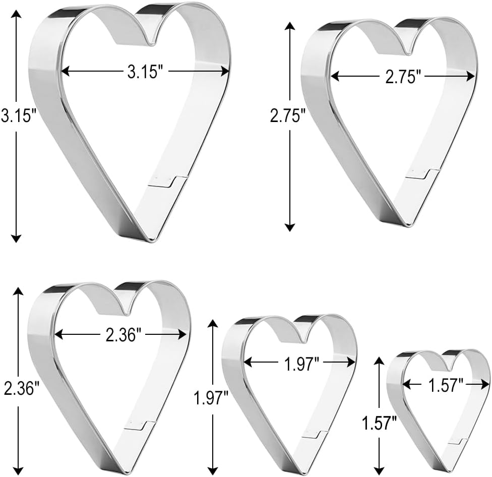 Heart Cookie Cutter, 5 Pieces, 3.15'' 2.75'' 2.36'' 1.97'' 1.57'', Stainless Steel Heart Shaped Fondant Biscuit Fruit Cutters Mold thumbnail