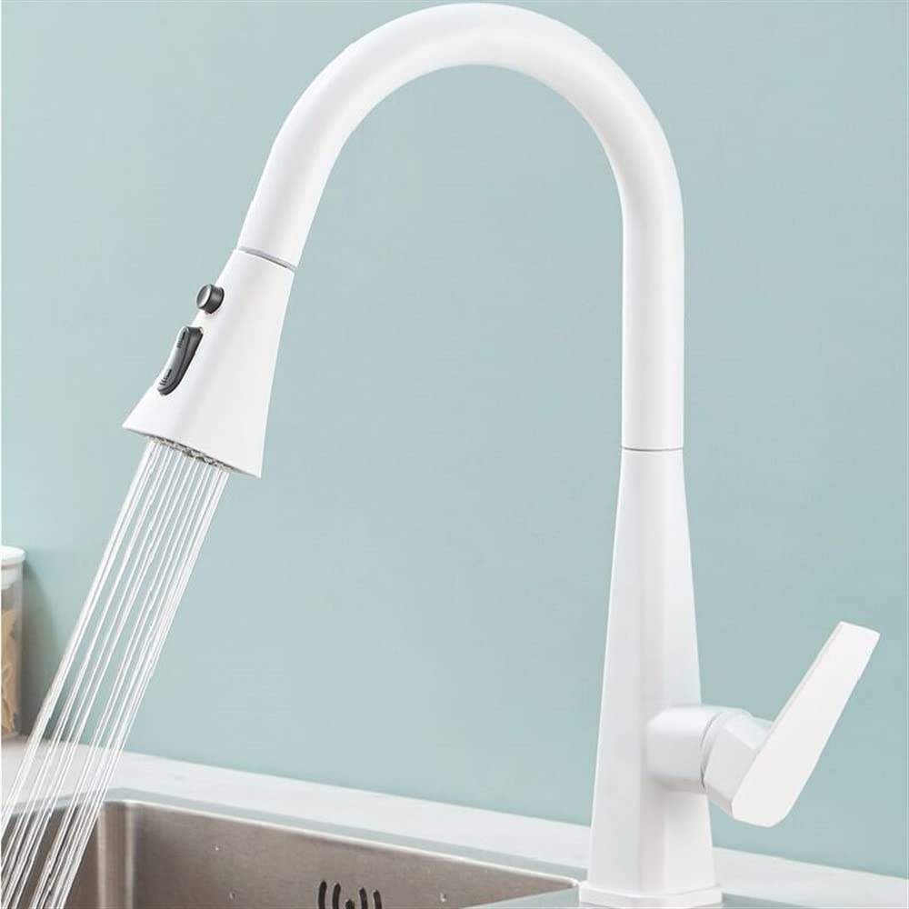 SnamicE Kitchen Tap Mixer Copper Kitchen Sink Faucets, Hot & Cold Mixer Soild Brass Tap, Pull Out Single Handle Deck Mounted 360 Degrees Rotating,White