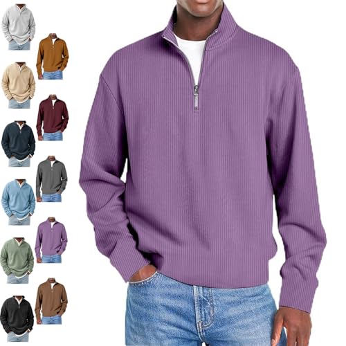 Men's Stylish Quarter-Zip Corduroy Ribbed Polo Sweatshirt, Mock Neck Knit Long Sleeve Sweater