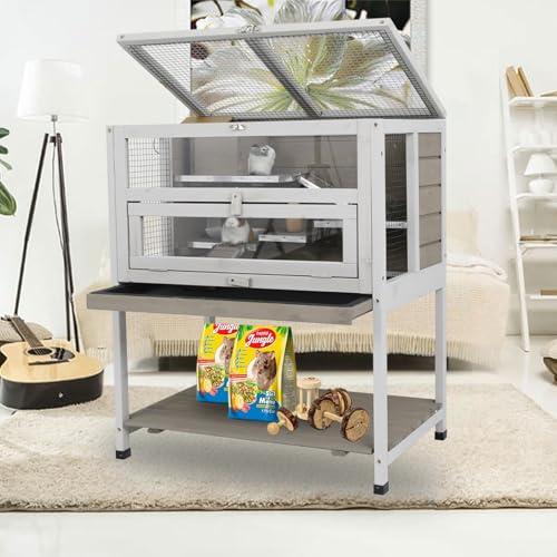 25.6" L Hamster Cage,Indoor Wooden Guinea Pig Cages with Hideout and 2 Ramps,Small Animal Cage for Hedgehog,Gerbil,Chinchilla with Not Leakage Pull Ou