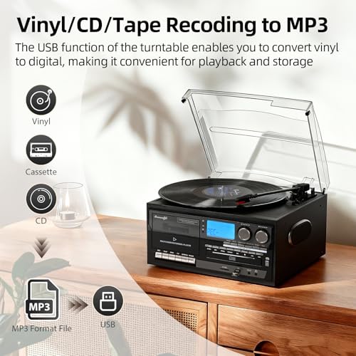 Image of Vinyl Record Player Built-in Speakers 10 in 1 Vintage Turntable with CD Cassette Tape AM FM Radio Function 3 Speed BT Input Output LP Player Support USB SD AUX RCA Playback Auto Stop Retro Wood Black