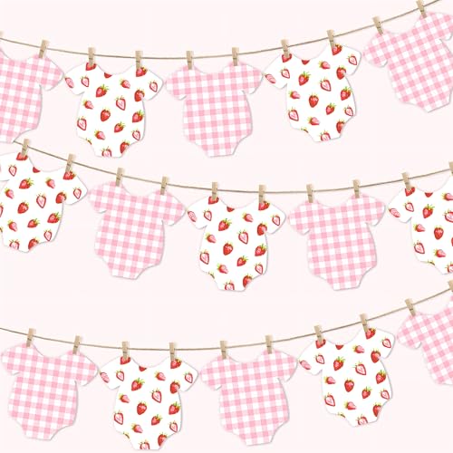 Strawberry Themed Baby Shower Bunting Banner Pink Checkered Onesie Garland with Wooden Clips for Berry First Birthday, Sweet One Party Decorations