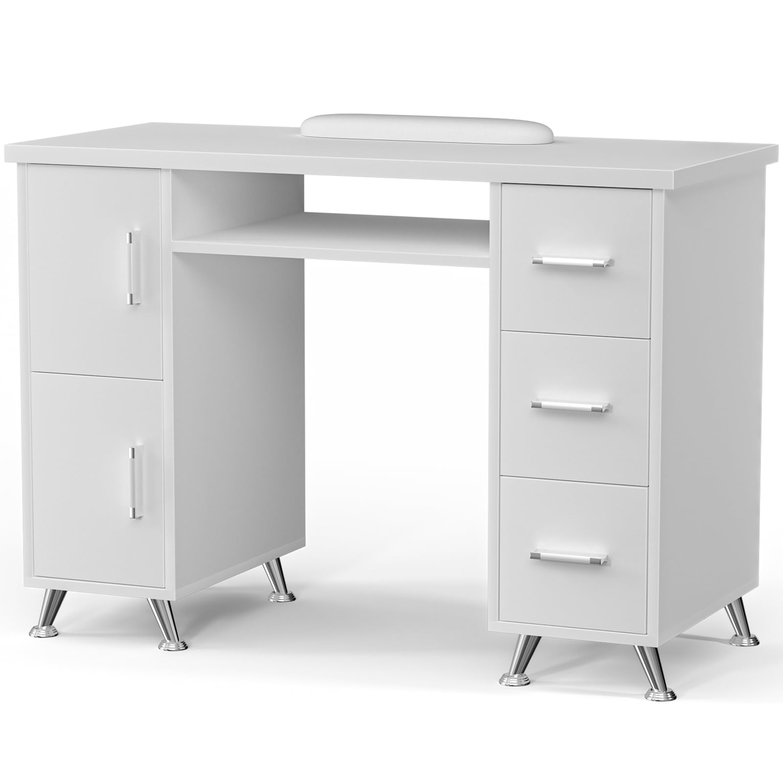 Charmmade White Nail Desk for Nail Tech Manicure Table Nail Tech Desk with Drawers Nail Tech Table Station Storage Cabinet, Open Drawer, Wrist Pad, Metal Legs, for Beauty, Salon, Spa Makeup