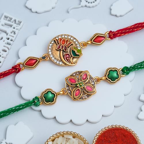 Image of eCraftIndia Green Red Beautiful Lotus Flower Designer Rakhi Set of 2 | Rakhi for Brother Bhaiya Bhai with Best Bro Ever Fridge Magnet | Roli Chawal Pack