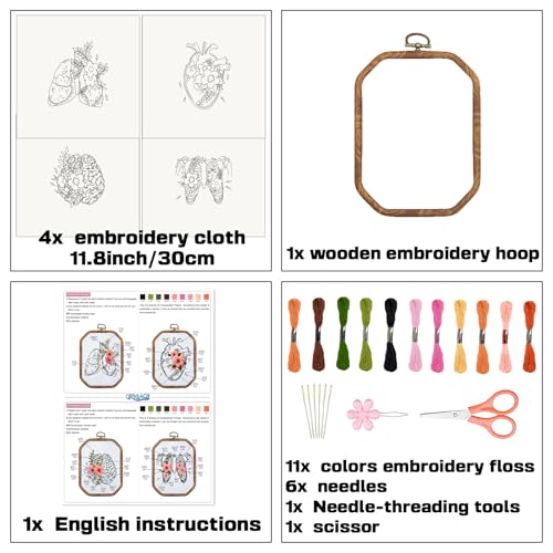 Image of ORIGACH 4 Set Embroidery Kit for Beginners Adults, DIY Human Organ with Flowers Embroidery Starter Kit with Stamped Patterns Instructions Embroidery Hoop Needles Threads for Crafting