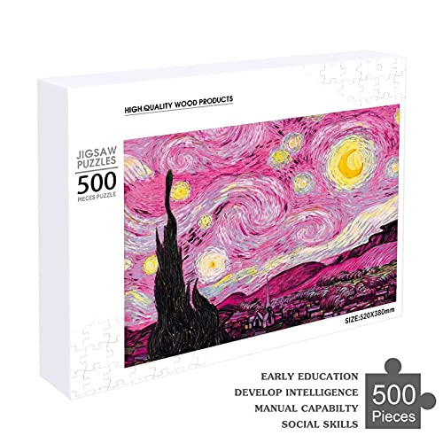 Houten puzzel 500 STKS voor volwassenen en kinderen, wereldberoemde schilderij roze sterrennacht moeilijke uitdaging… - Image 5