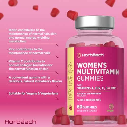 Multivitamin Gummies for Women | 14 Active Ingredients | with Zinc, Vitamins C, Biotin, B6, B12, B9 (Folic Acid) & More! | Hair, Skin and Nails | 60 Vegan Gummies - Natural Strawberry | by Horbaach - Image 3