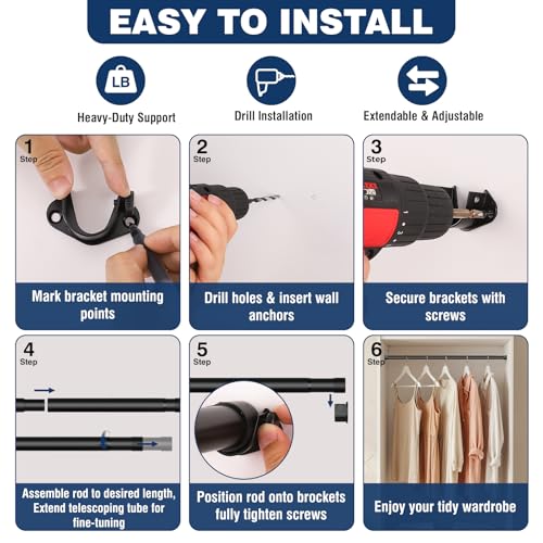Image of Closet Rods for Hanging Clothes, 16-52 Inches 1.3 Inch Diameter,Black