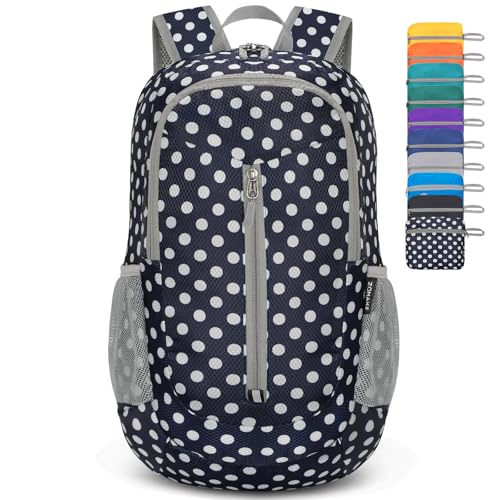 Image of ZOMAKE Ultra Lightweight Packable Backpack 25L, Foldable Hiking Backpacks Water Resistant Small Folding Daypack for Travel(Blue, White Polka Dot)