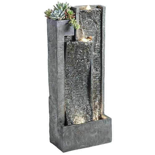 Outsunny Fontaine de Jardin extérieure Cascade 3 Niveaux - Fontaine Eau avec jardinière et Mur d'eau Moderne - 101 cm Grande décoration terrasse Zen Lumineuse 24 LED...
