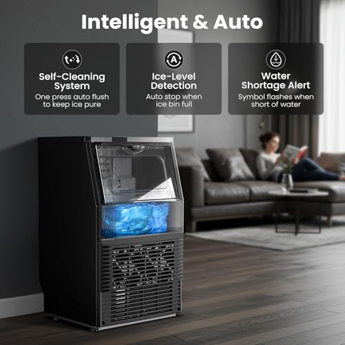 Image of Kismile Commercial Ice Maker Machine, 66LBS /24H, 24H Timer, LCD Panel, Self-Cleaning, Stainless Steel, Under Counter Ice Cube Maker for Home Bar, Include Scoop & Connection Hose