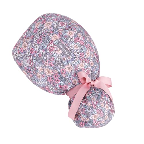 Satin Lined Scrub Cap for Women with Ponytail Hole & Buttons, Adjustable Surgical Nurse Hat with Cotton Sweatband for Long Hair (Pastoral Floral)