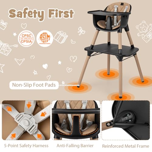 Image of HONEY JOY 5-in-1 High Chair, Convertible Highchair for Babies and Toddlers /Kids Chair Table Set /Infant Feeding Chair w /Safety Harness, PU Leather Cushion & Removable Food Tray (Coffee)