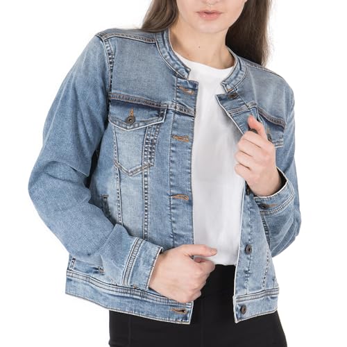 NOROZE Womens Western Style Jacket Collarless Denim Jacket Light Blue Washed Jeans Women Classic Womens Trucker Jackets Biker Casual (12 Light Blue)