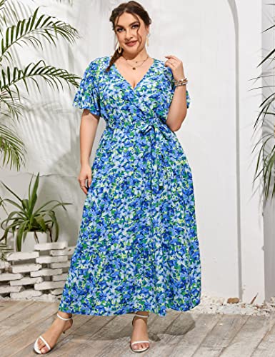 Image of ShopWonder Womens Plus Size V Neck Wrap Maxi Dress High Waist Ruffle Summer Casual Dress with Belt