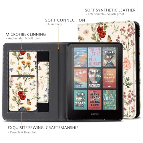Image of CoBak Case with Stand for Kindle Paperwhite 12th Gen 2024 Released (7 inch) & Kindle Colorsoft Signature Edition - Durable PU Leather Cover with Auto Sleep Wake, Card Slot, Hand Strap Feature, Floralia