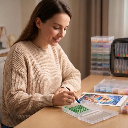 Image of SuSentak 2-in-1 Diamond Painting Tray and Storage Set, 64 Pcs | Dot-Grip Bead Alignment Trays, Clear EVA Case, Numbered Stickers Included