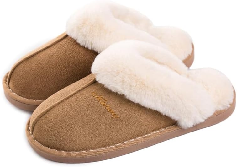 Womens Slipper Memory Foam Fluffy Slip-on House Faux Suede Fur Lined/Anti-Skid Sole, Indoor & Outdoor