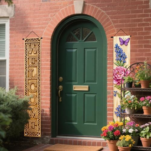 Image of Nuxovilar Welcome Peony Butterfly Porch Banners 12x70 Inches Polyester | Spring Porch Sign, Hanging Decor Floral welcome Banner, Peony Wreath Accent Garden, Porch, Patio (Welcome Peony)