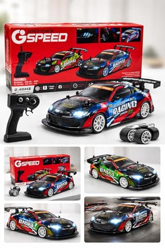 Image of RC Drift Car 1 /14 Scale, 4WD Remote Control Racing Car, 20+ MPH High Speed with LED Lights, 2.4GHz Rechargeable Hobby Drift Car, Multi Color RC Car for Boys & Adults
