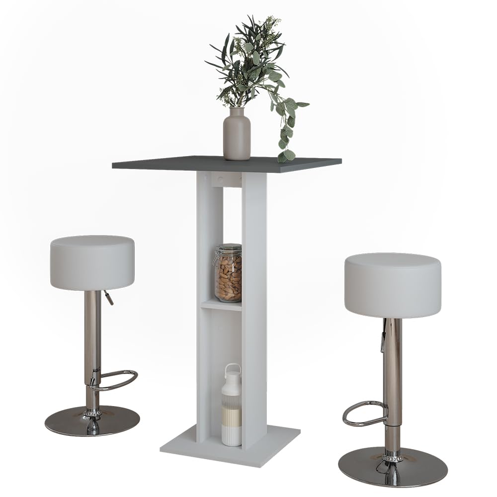 Vicco Bartisch-Set Repose, Weiß/Anthrazit, 65 x 65 cm mit 2 Barhockern, mit seitlichem Regal zur Aufbewahrung von Flaschen und Gläsern