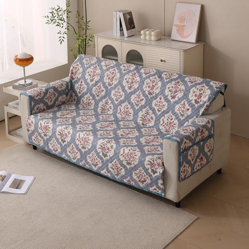 House of Quirk Polyester Sofa Cover Mat - Anti-Slip, Reversible Couch Protector for Pets - Machine Washable Furniture Protector (Indigo Muse, 175x170c