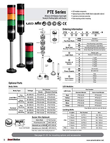 PTE-SCF-3FF-RYG-B, LED Stack Tower Light, 56mm red/Yellow/Green Color 3 Stack Modular, Steady/Flash, Direct mounting Black Body, 25