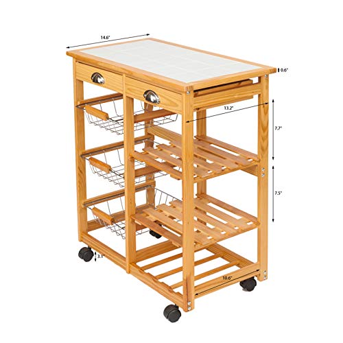 Kitchen & Dining Room Cart,2-Drawer Removable Storage Rack with Rolling Wheels，Kitchen Island with Heavy Duty Shelving Storage Unit，Solid Wood Folding Utility Cart for Home - Thumbnail 6