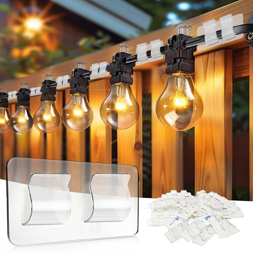 TW SHINE Hooks for Outdoor String Lights Clips, 60 Pack Heavy Duty Clips Clear Light Hook with Waterproof Adhesive Strips, Outside UV-Resistant Cord Hooks for Hanging Christmas Light Cable Organizer