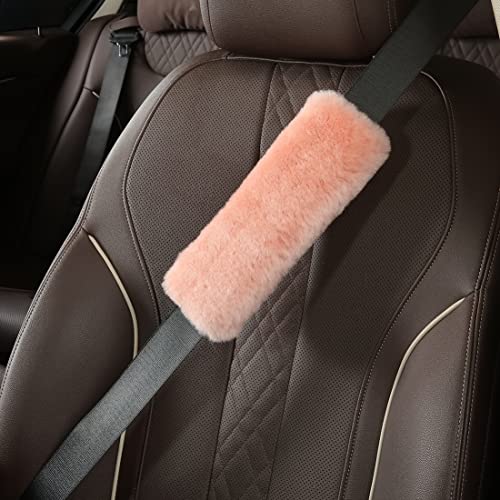 Image of OGLAND 2 Pack Sheepskin Car Seat Belt Cover Pads | Wool Seatbelt Cushions