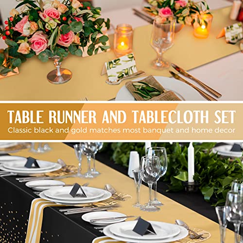 Image of Breling 8 Pack New Year Black and Gold Disposable Plastic Tablecloths and Satin Table Runner Set, 54 x 108 Inch Tablecloth, 12 x 108 Inch Table Runners for Wedding Graduation Birthday Baby Shower