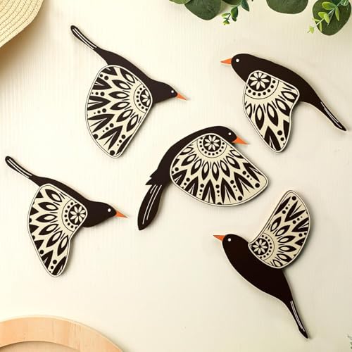 Image of SAF Wooden 3D 5 Pieces Birds on Rope Wall Art Panel | Wood Bird Folk Art Wall Hanging Art Decoration Item for Living Room, Bedroom, Drawing Room, Dining Room & Office (Black) (Multicolour)
