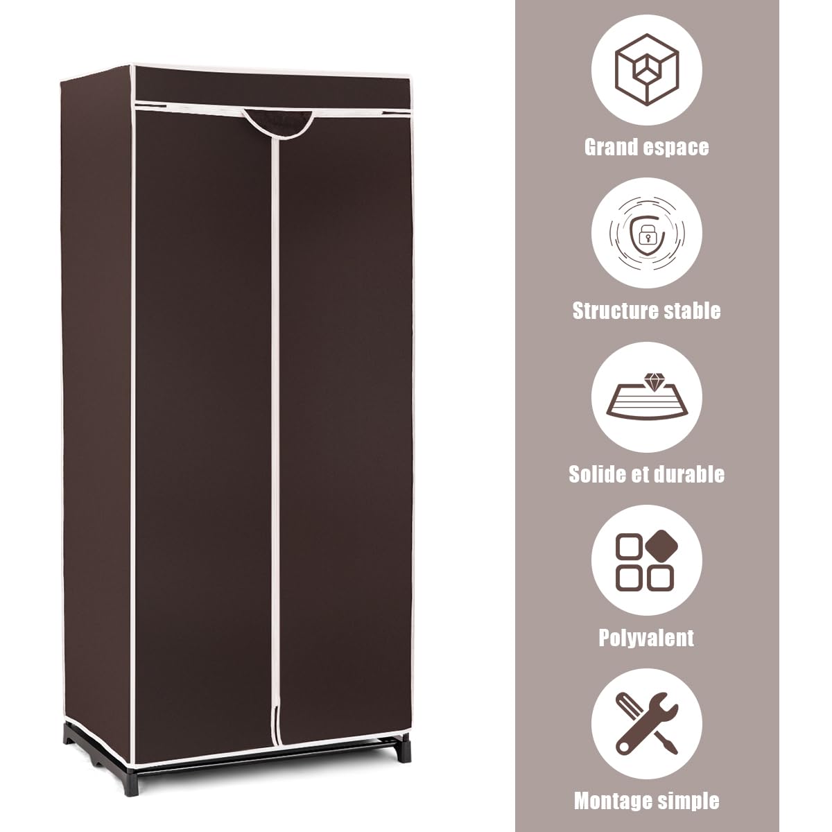 HOMASIS Armario de Tela Plegable y ahorrador de Espacio con Funda guardapolvo, Armario Plegable con Cremallera, Muebles de habitación para Dormitorio, baño, salón, 74 x 50 x 172 cm (Marrón)