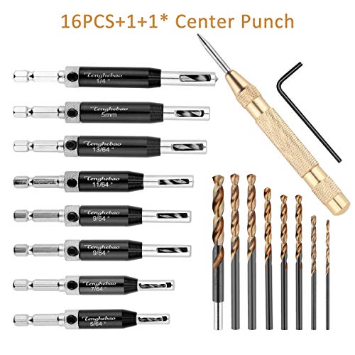 Tenghebao Self-Centering Hinge Tapper Core Drill Bit Set (16PCS) with Automatic Center Punch(1PC)