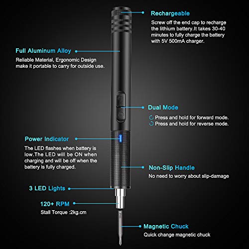 Electop Electric Rechargeable Screwdriver, Portable USB Power Supply Cordless Screw Driver, 21 Precision Bits /3 LED Lights/Magnetic Carry Case/Quick Change Chuck for Telephone, Watch, Camera etc.