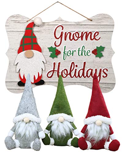 Farmhouse Winter Seasonal Holiday Decor Christmas Decorations - Gnome Sign with 3 Gnome Plush - 4 Piece Set (Gnome for The Holidays)
