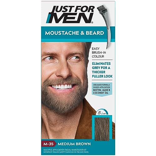 Just For Men Tinte para barba y bigote en marrón medio, elimina las canas y proporciona una apariencia más gruesa y completa, M35