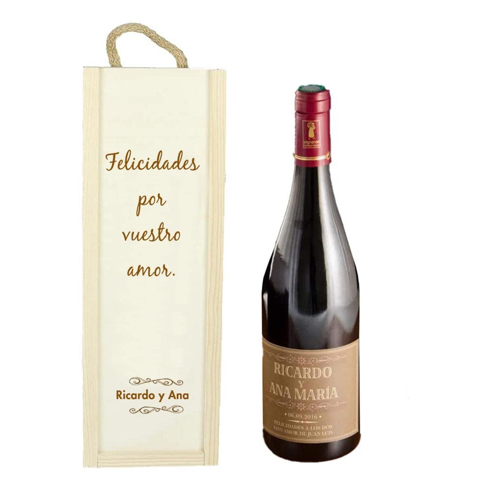 Regalo para Parejas Personalizable: Botella de Vino Personalizada con Nombres, Fecha y dedicatoria, en Caja de Madera Personalizada