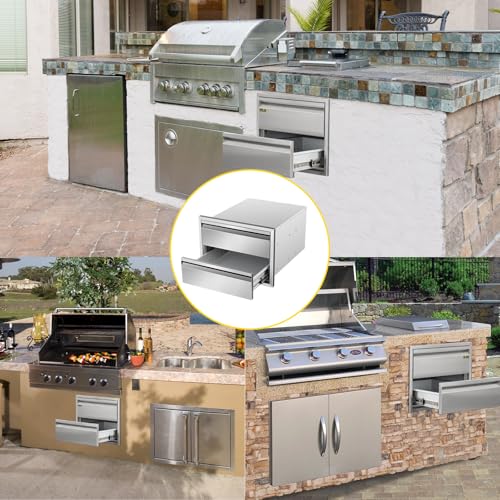 Image of Outdoor Kitchen Drawers 18 inch W x 13 inchH x 21 inchD Triple BBQ Drawers Stainless Steel Built-in Drawer for Outdoor Kitchen Island, Patio Grill Station