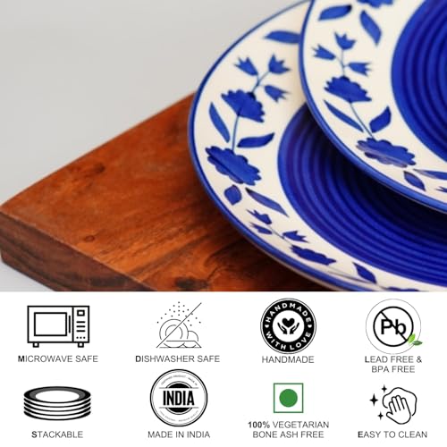Image of Freakway Floral 'Blue and White Plate Pair' Handpainted Plates in Ceramic 10 Inches, Set of 6, Dishwasher & Microwave Safe