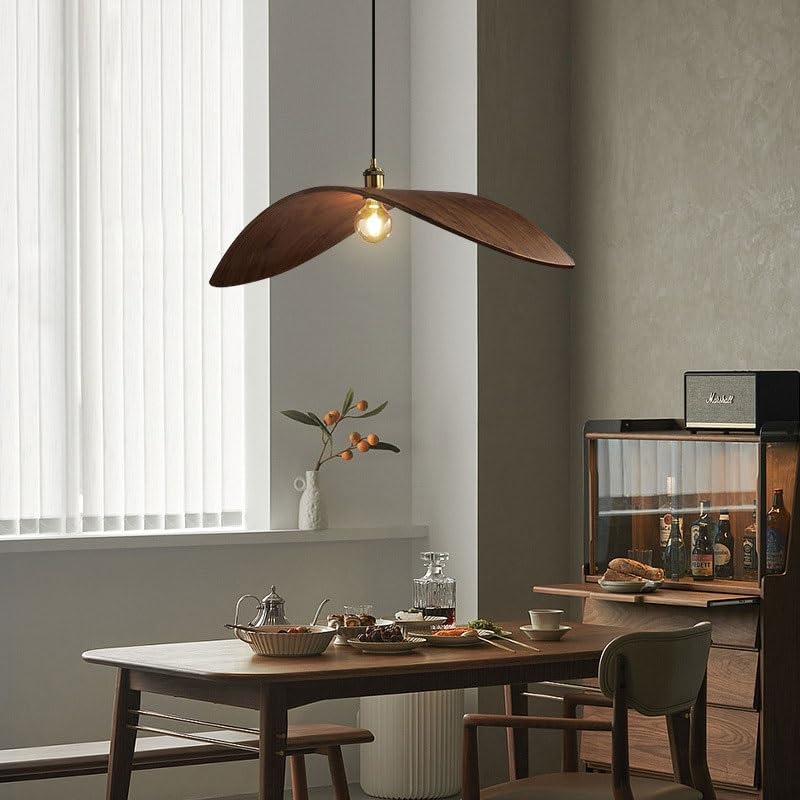 Lustre en noyer japonais wabi sabi avec suspension E27 réglable pour salle à manger