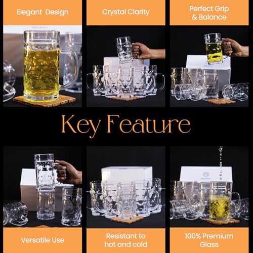 Image of Melbify Beer Mug | 600 ML |Set of 6 | Large BeerMug with Handle | Classic Beer Glasses | Premium | Heavy |Perfect for Beer, Cider,Cocktails,Mocktails | Suitable for Bar,Restuarants,Pub