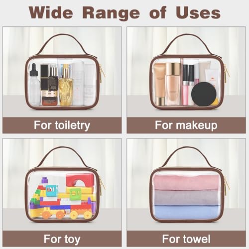 Image of Wedama TSA Approved Toiletry Bag, 3 Pack Clear Makeup Bags with Handles, Quart Size PVC Clear Cosmetic Bags for Women and Men, Carry on Airport Airline Compliant Bag, Brown