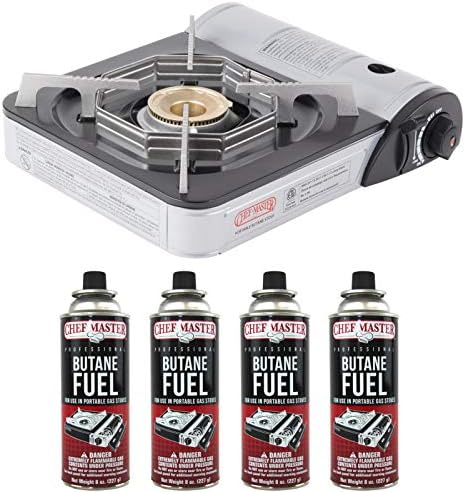 Chef Master 90011 Butane Countertop Stove w/ 4 x 8oz. Butane Fuel Canister COMBO, Portable Camping Stove 10,000 BTU Output Brass Burner, Portable Stoves for Immediate Use, Outdoor Cooking, Emergencies